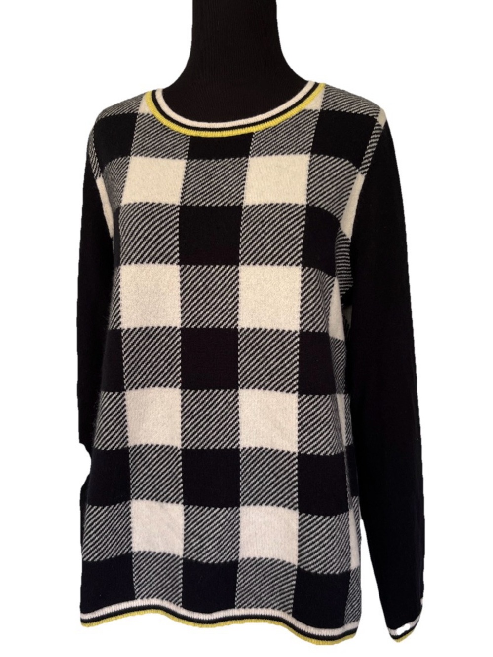 Land’s End Cashmere Crew Neck Sweater Buffalo Check Pop of Color Preppy Classic